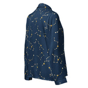 Navy blue shirt with gold constellation pattern on a white background