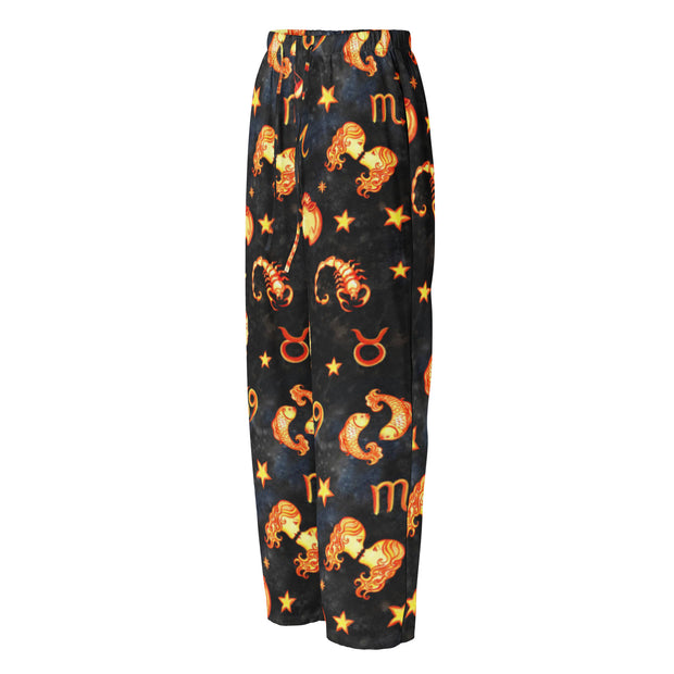 Pajama pants with zodiac pattern on a white background