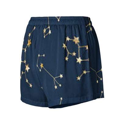 Navy blue shorts with gold star constellation pattern on a white background