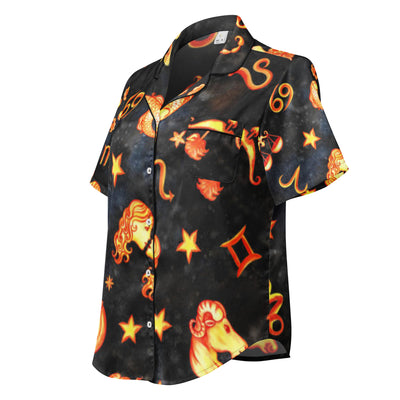 Short-sleeve shirt with zodiac symbol design on a black background