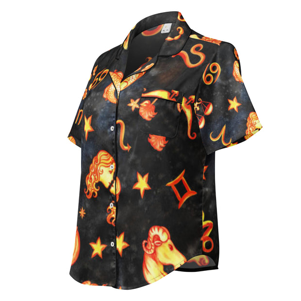 Short-sleeve shirt with zodiac symbol design on a black background