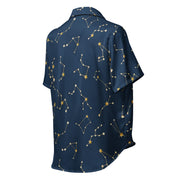 Navy blue shirt with gold constellation pattern on a white background