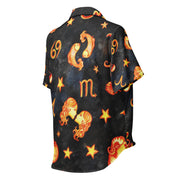 Black shirt with orange zodiac pattern on a white background