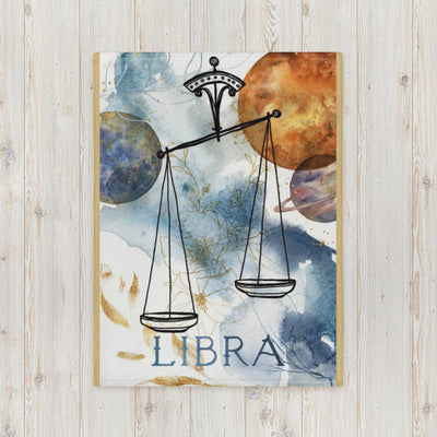Decorative poster of Libra zodiac sign with scales and planets on a wooden surface