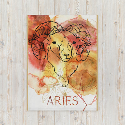 Aries zodiac sign illustration on a watercolor background with 'ARIES' text, framed on a wooden surface.