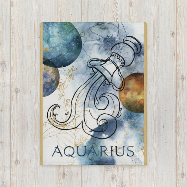 Aquarius zodiac sign illustration with celestial elements on a wooden background