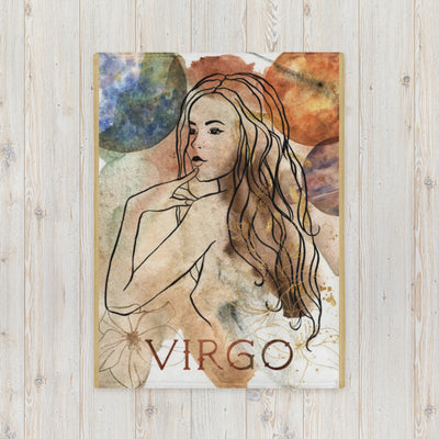 Artistic depiction of a woman with 'Virgo' text on a wooden background