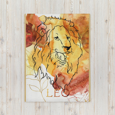 Decorative poster of a lion with 'LEO' text on a wooden surface