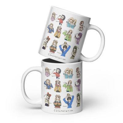 Two stacked mugs with character illustrations and 'Constellation' text on a white background