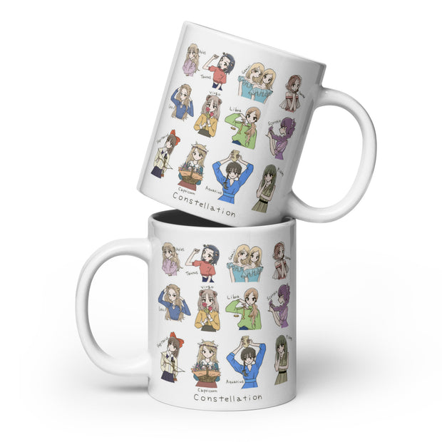 Two stacked mugs with character illustrations and 'Constellation' text on a white background
